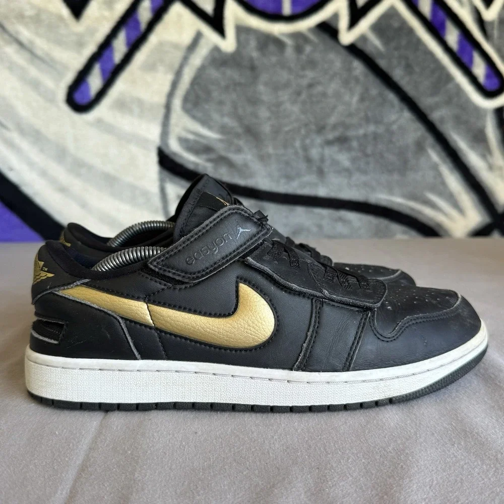 Size 10 - Air Jordan 1 FlyEase Low Black Metallic Gold White Dm1206-071